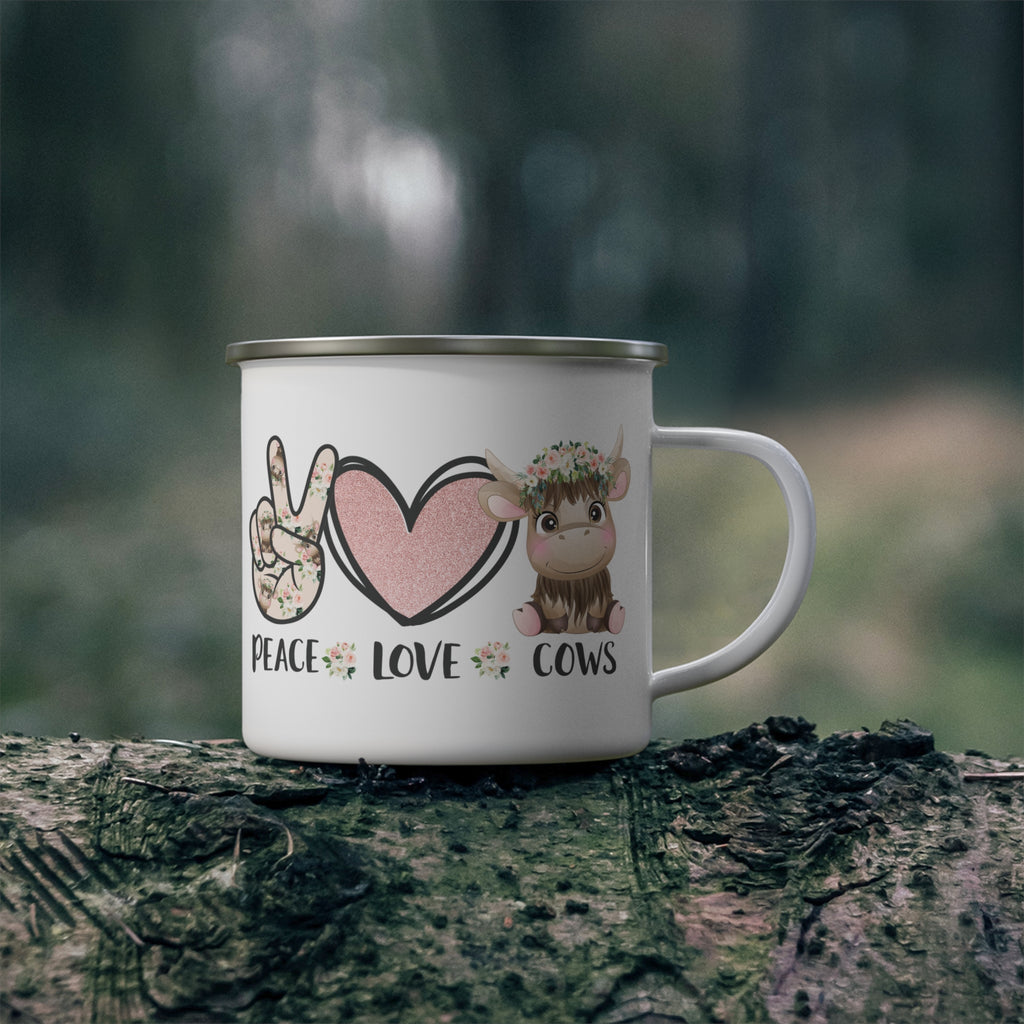 Peace Love Cows Enamel Mug | Floral Cow, Peace Sign, Heart