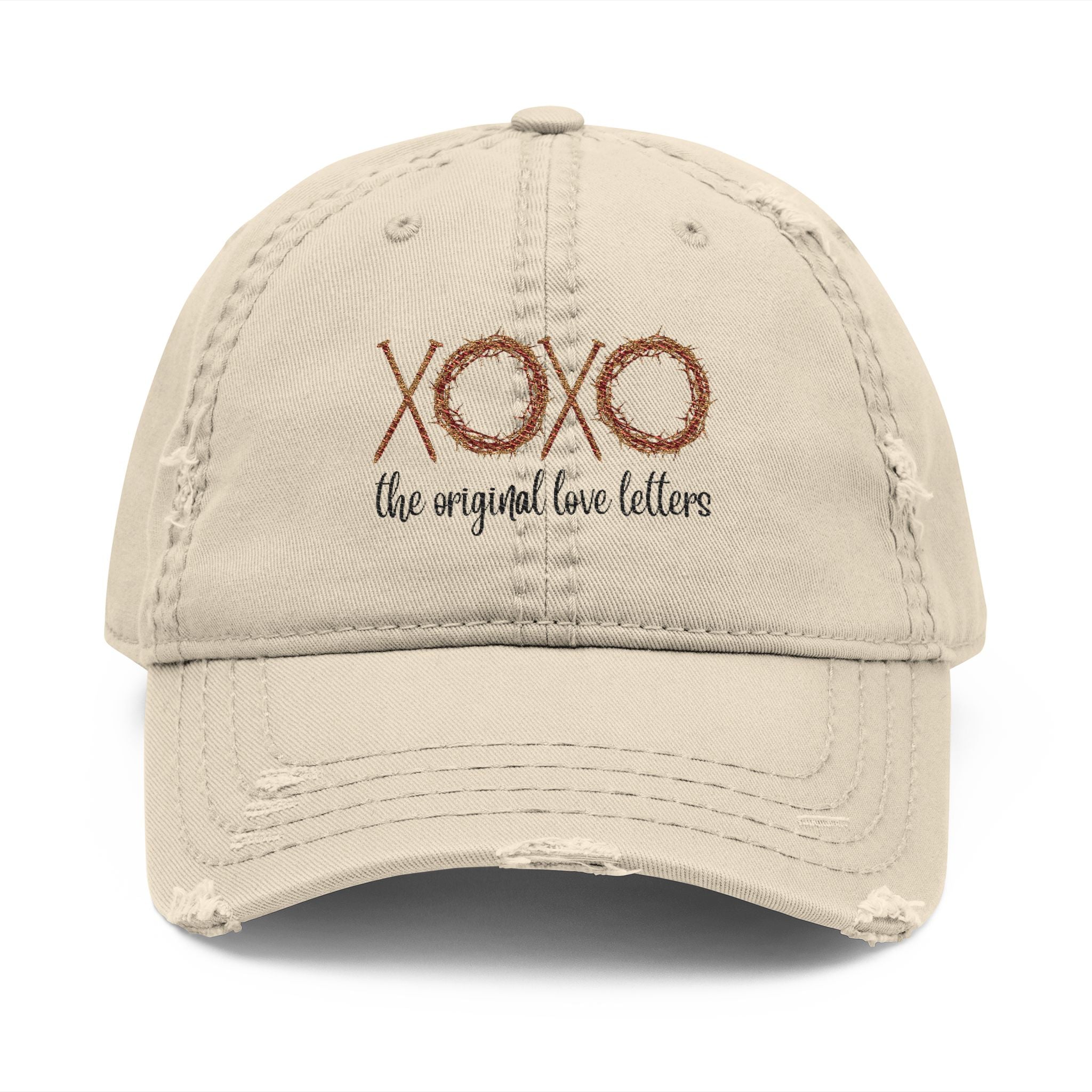 Distressed Embroidered Hat — "XOXO The Original Love Letters" Beige Cap