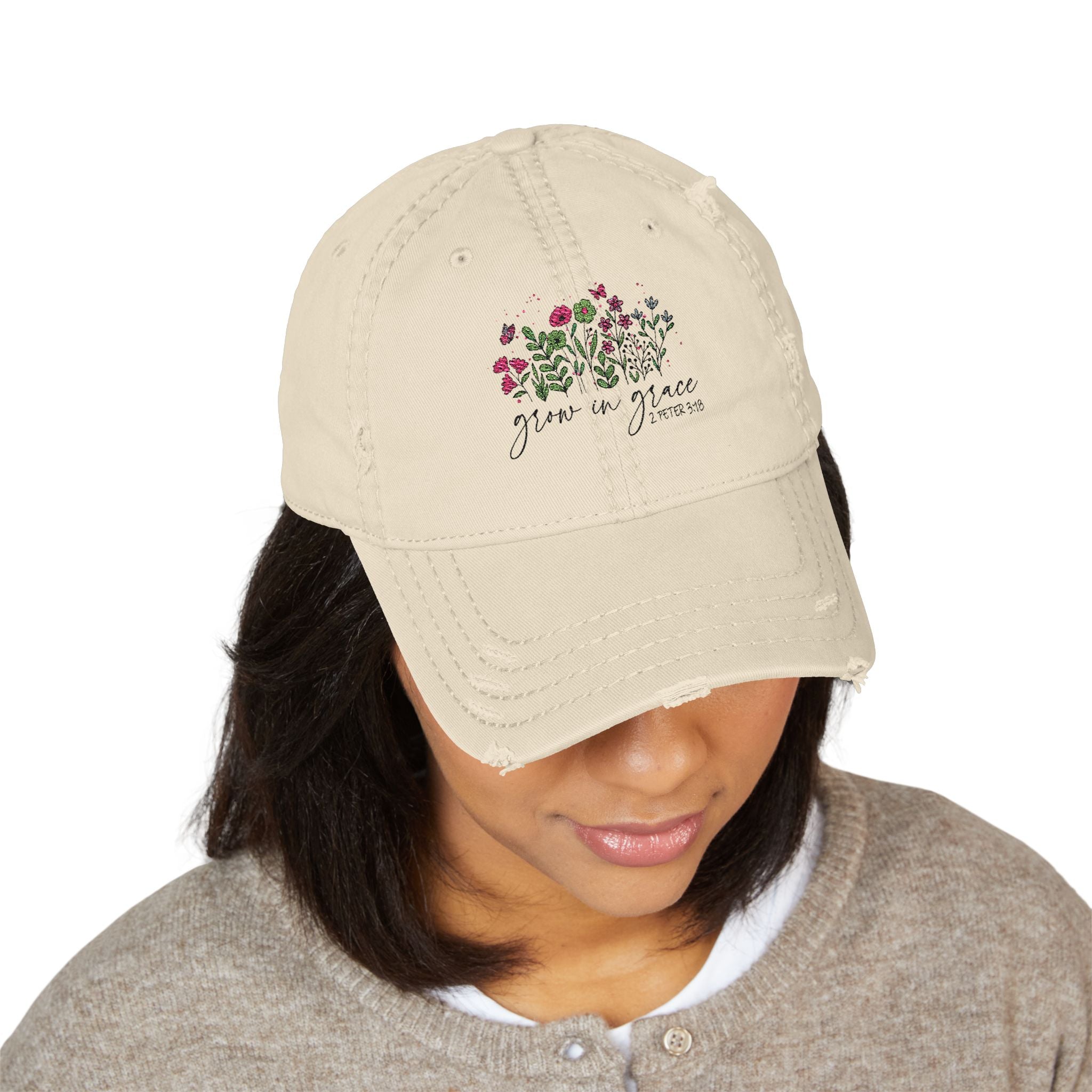 Grow in Grace Floral Embroidery Hat | distressed cotton cap