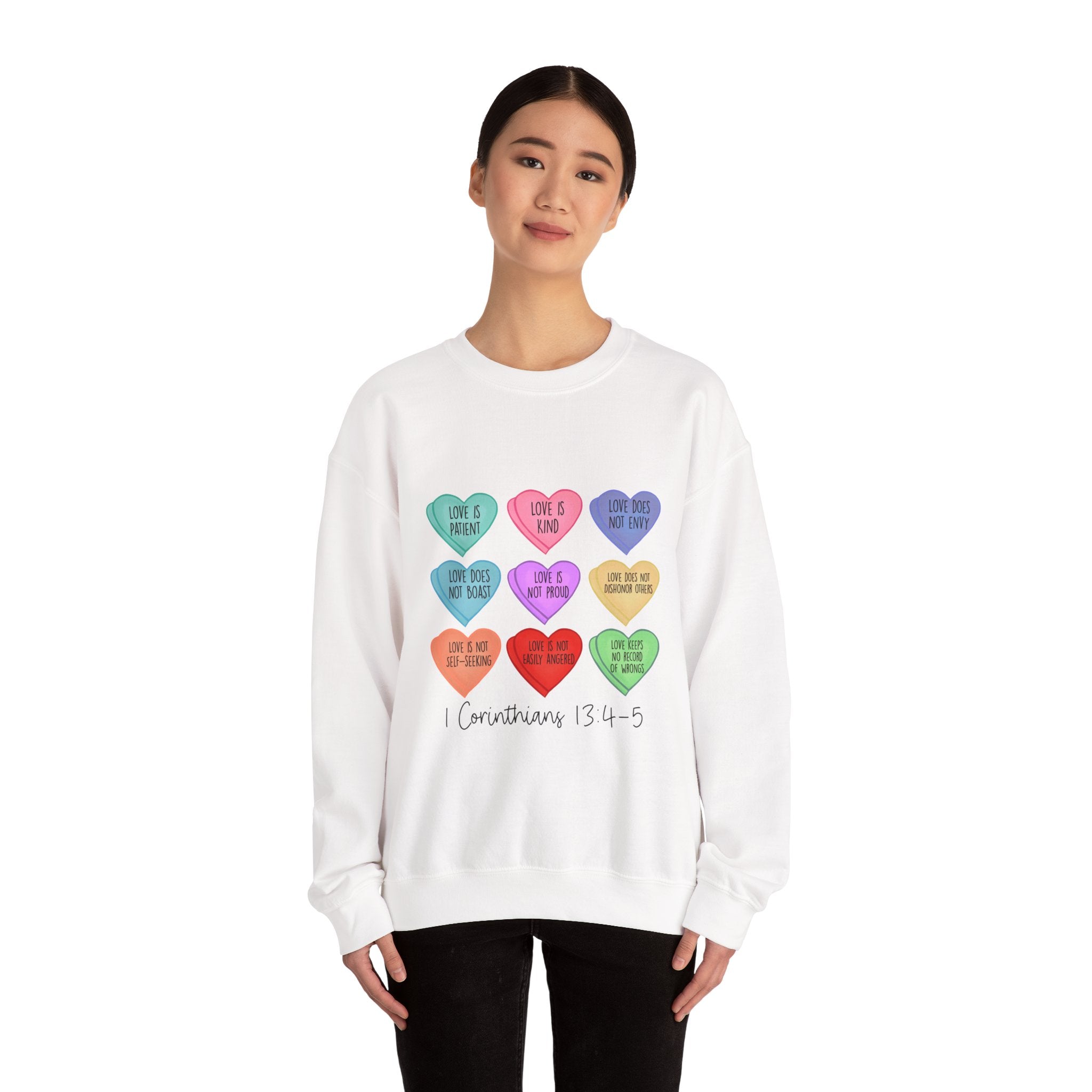 1 Corinthians 13:4-5 Candy Heart Crewneck Sweatshirt | Love Is Patient Design