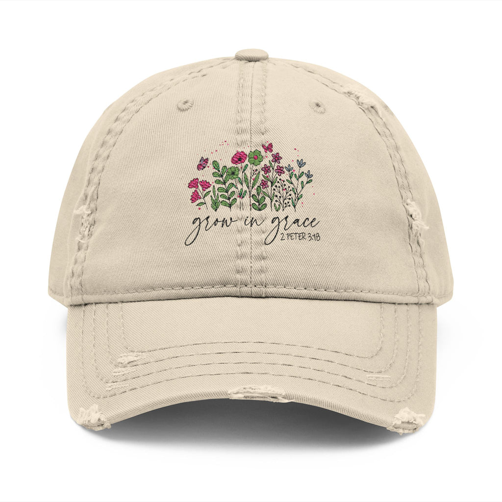 Grow in Grace Floral Embroidery Hat | distressed cotton cap