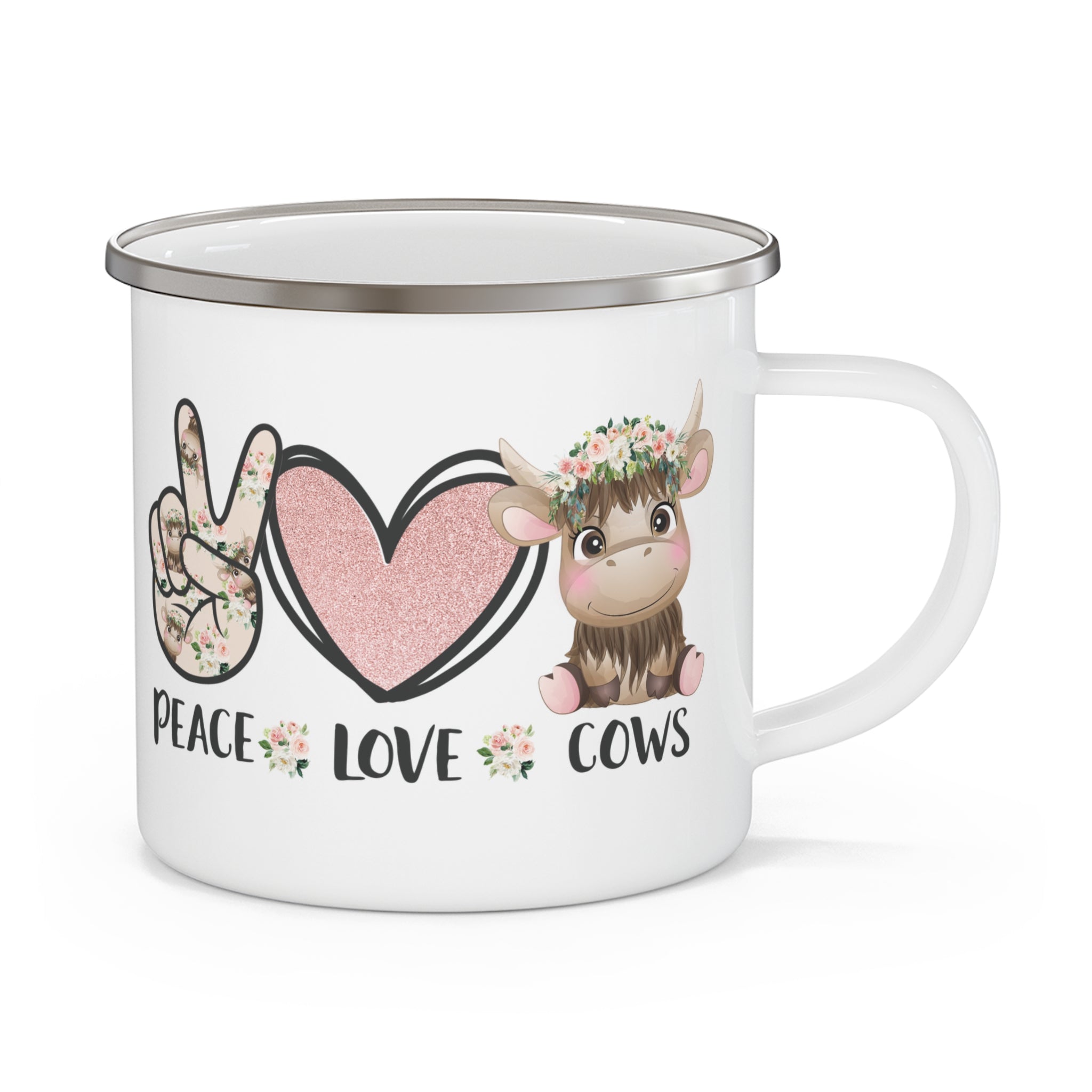 Peace Love Cows Enamel Mug | Floral Cow, Peace Sign, Heart
