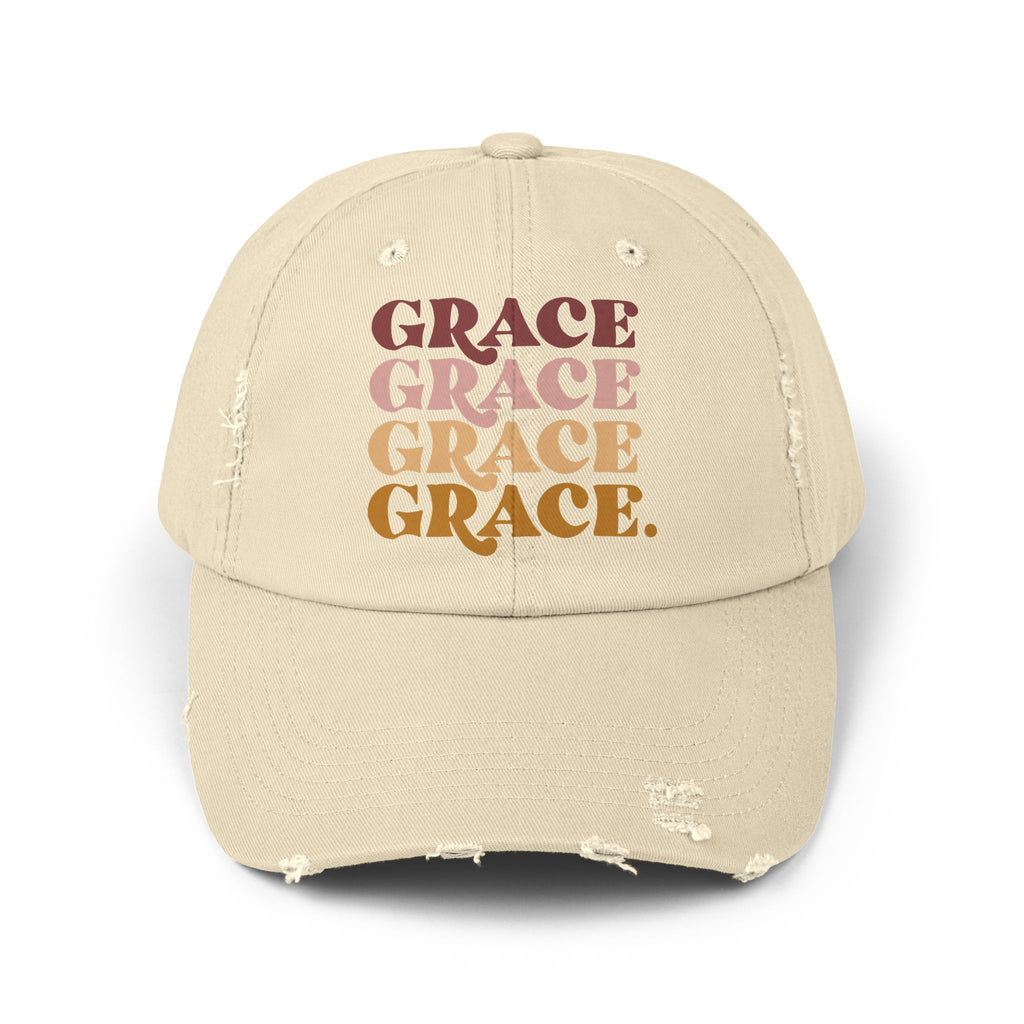 Grace stacked typography Cap | distressed beige hat | faith word design