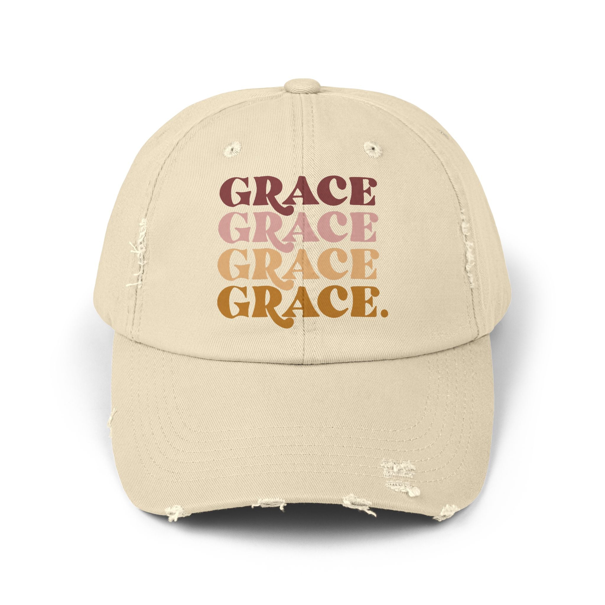 Grace stacked typography Cap | distressed beige hat | faith word design