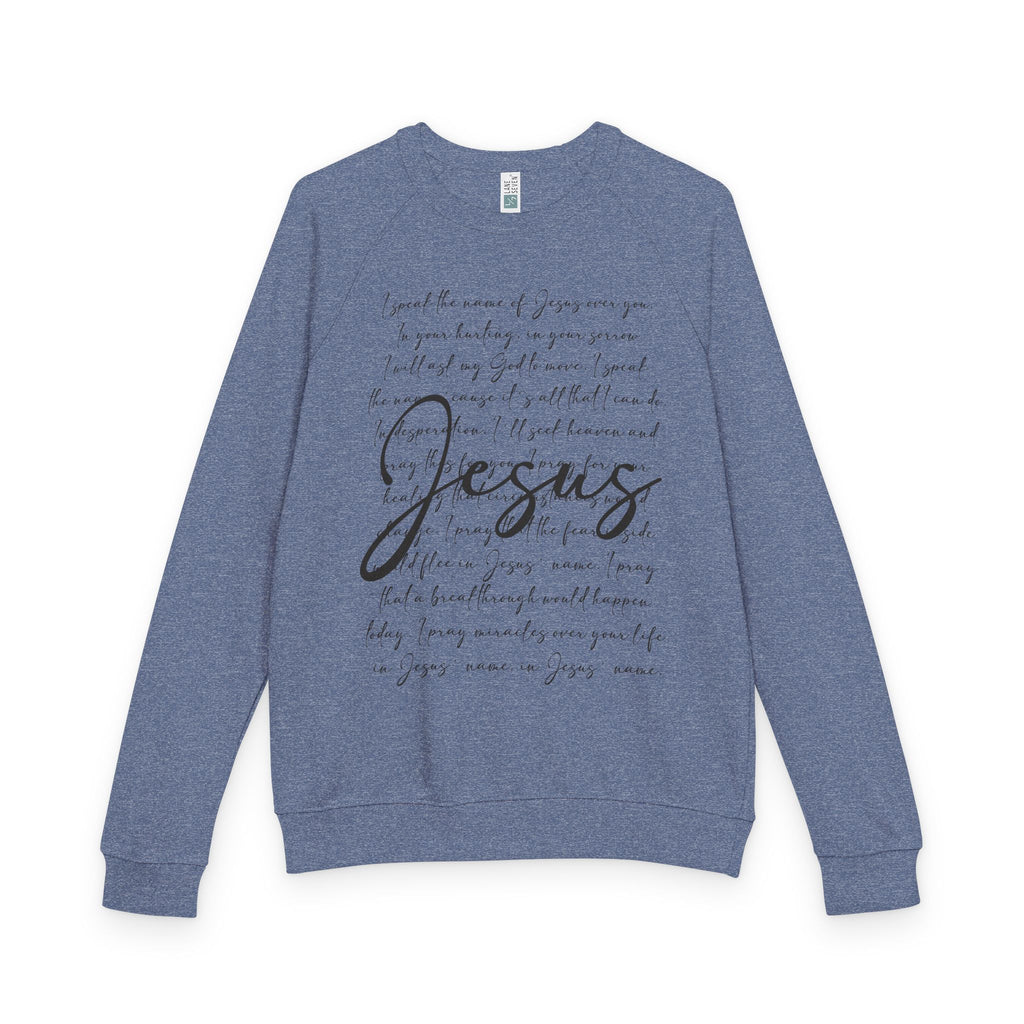 I Speak the Name of Jesus Raglan Crewneck Sweatshirt — "Jesus" Script Christian Pullover