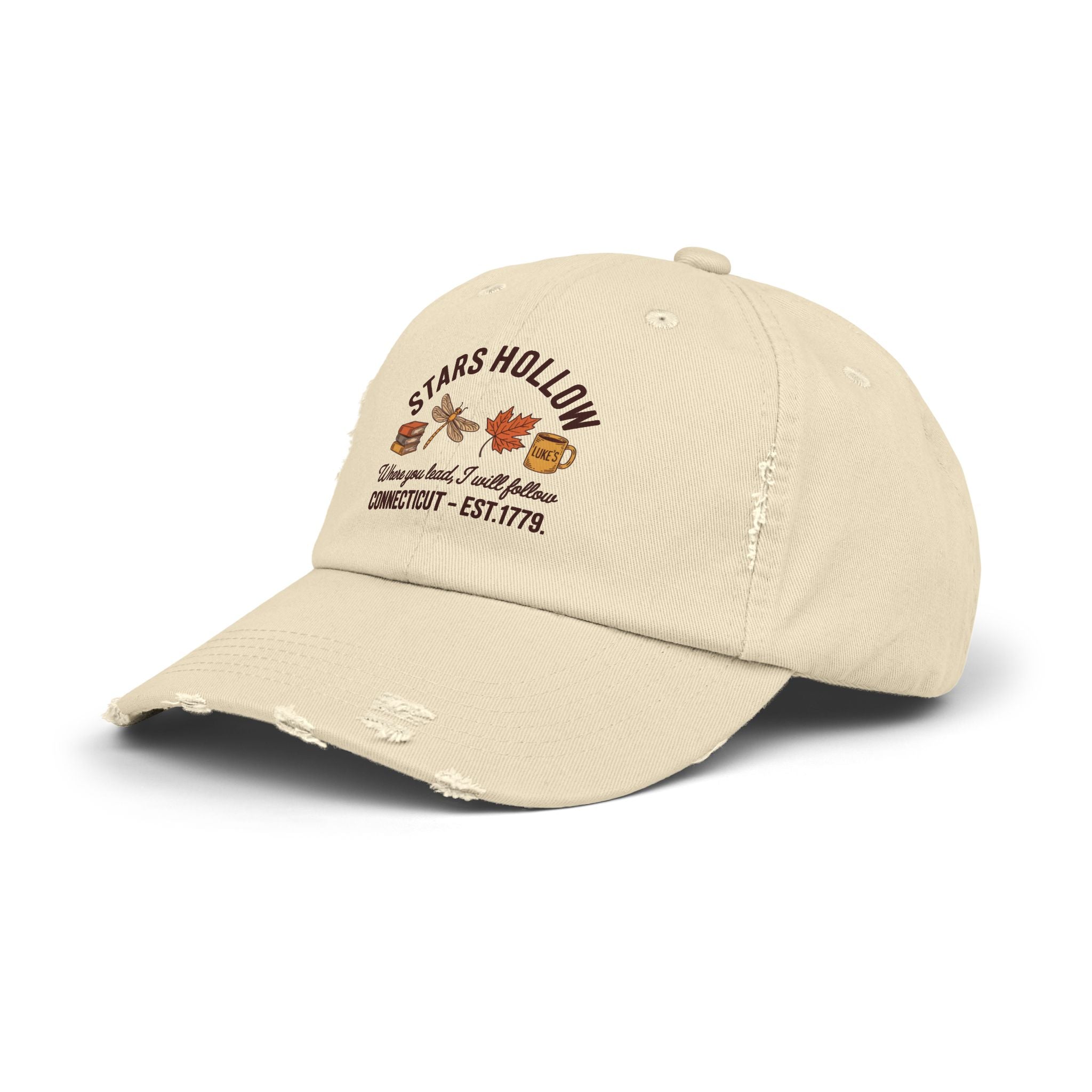 Stars Hollow Distressed Cap — "Where you lead, I will follow" Connecticut Est. 1779