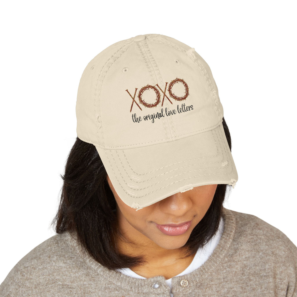 Distressed Embroidered Hat — "XOXO The Original Love Letters" Beige Cap