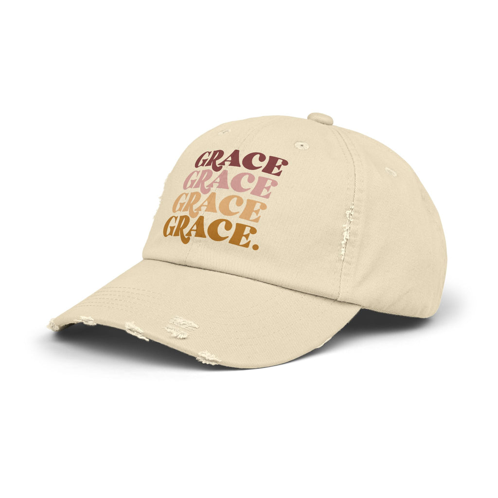 Grace stacked typography Cap | distressed beige hat | faith word design