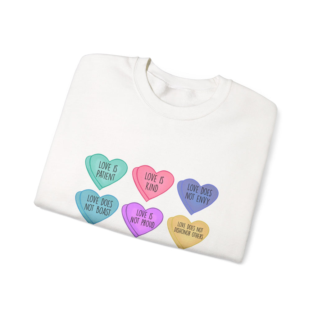 1 Corinthians 13:4-5 Candy Heart Crewneck Sweatshirt | Love Is Patient Design