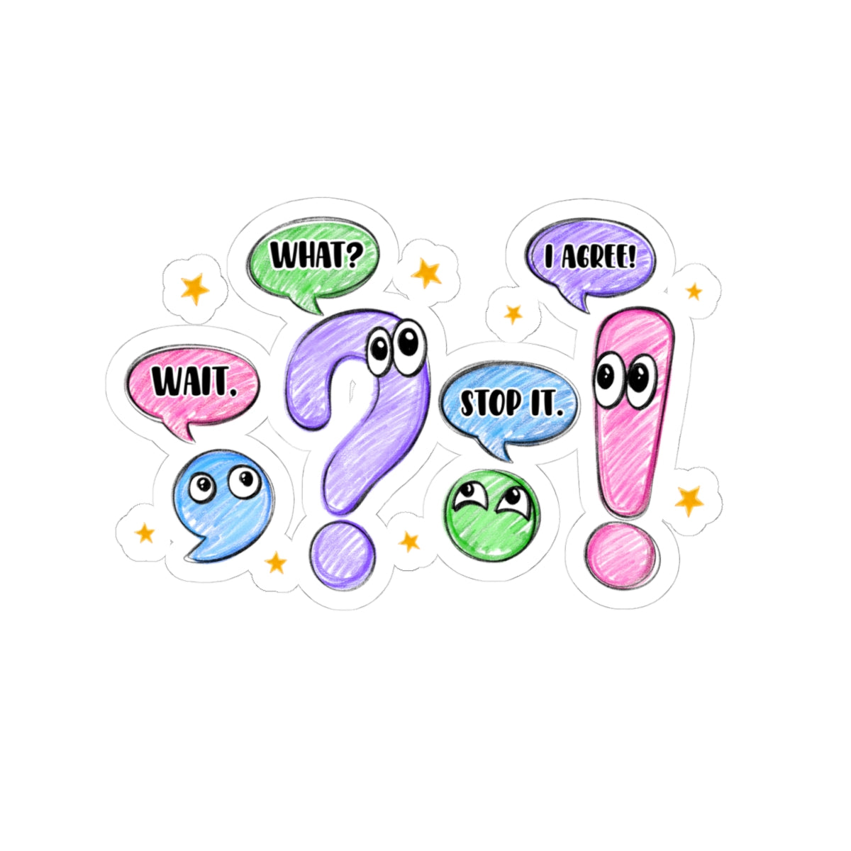 Cute Punctuation Characters Kiss-Cut Stickers | Question Mark, Exclamation, Speech Bubbles