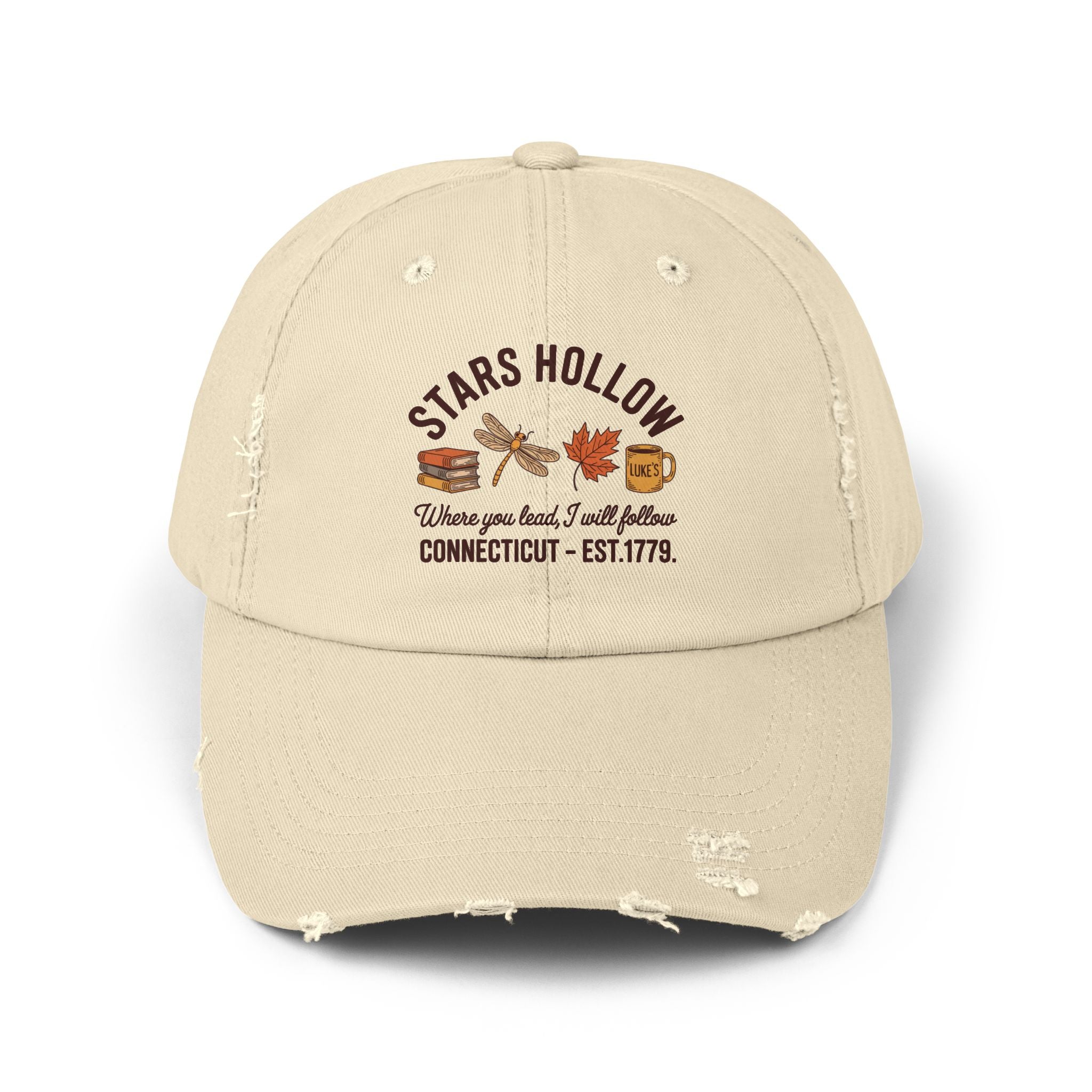 Stars Hollow Distressed Cap — "Where you lead, I will follow" Connecticut Est. 1779