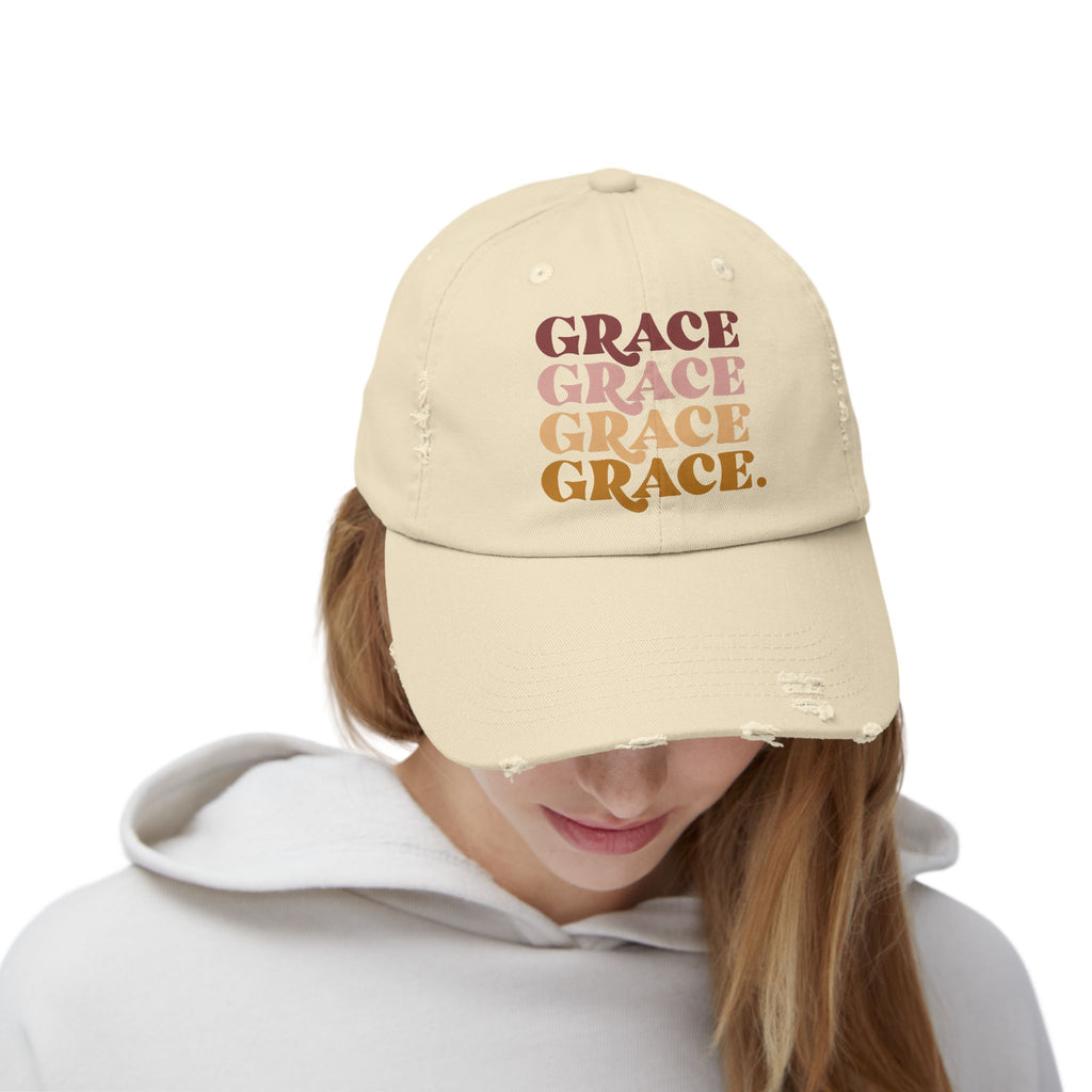 Grace stacked typography Cap | distressed beige hat | faith word design