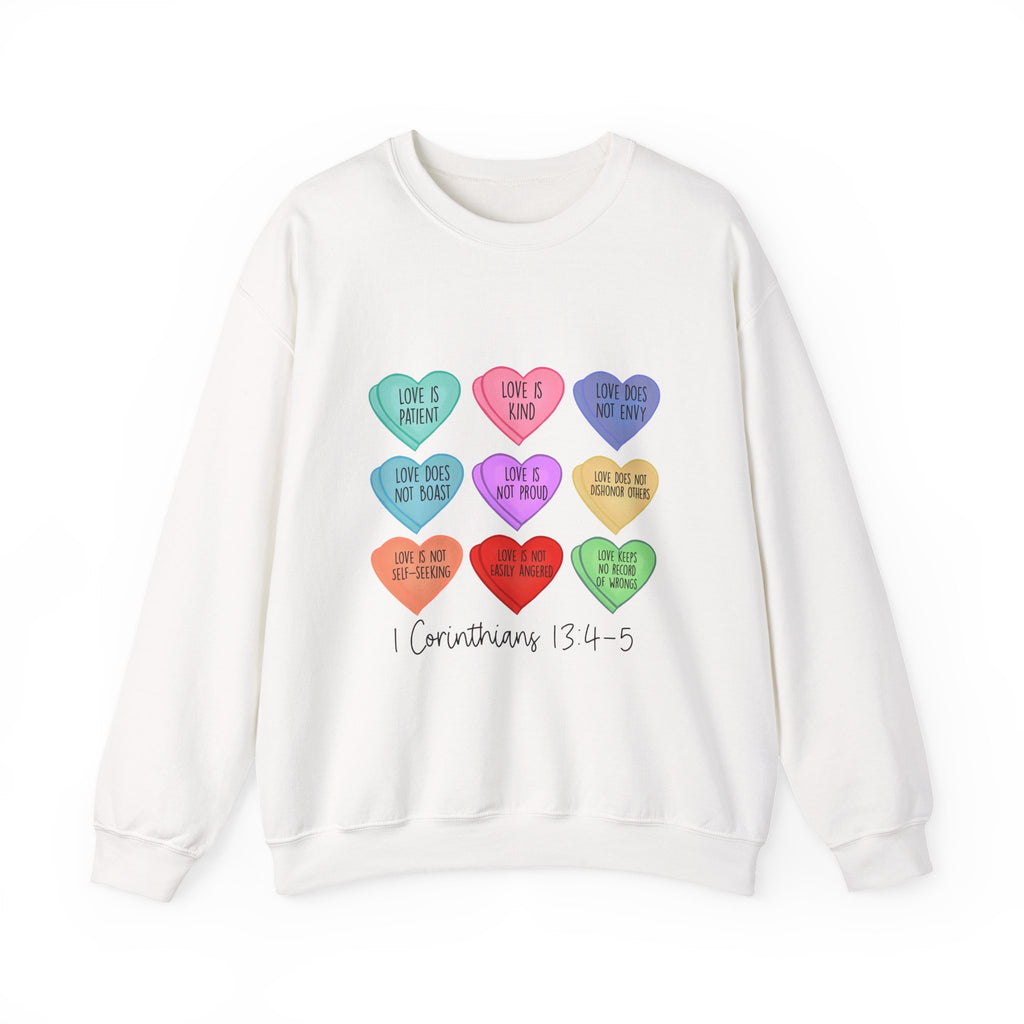 1 Corinthians 13:4-5 Candy Heart Crewneck Sweatshirt | Love Is Patient Design