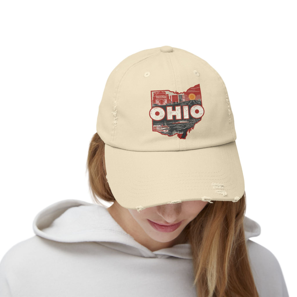 Ohio Distressed Dad Hat — Vintage State Outline & Scenic Retro Graphic Cap